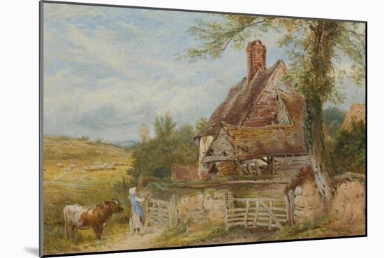 Landscape with Cottage, Girl and Cow (Bodycolour and Pencil on Paper, Pasted on Card)-Myles Birket Foster-Mounted Giclee Print