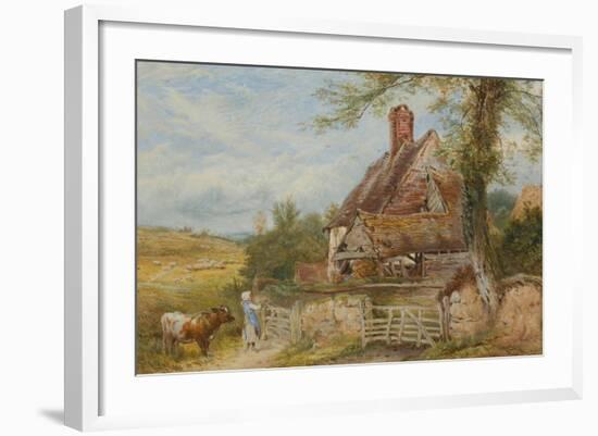 Landscape with Cottage, Girl and Cow (Bodycolour and Pencil on Paper, Pasted on Card)-Myles Birket Foster-Framed Giclee Print