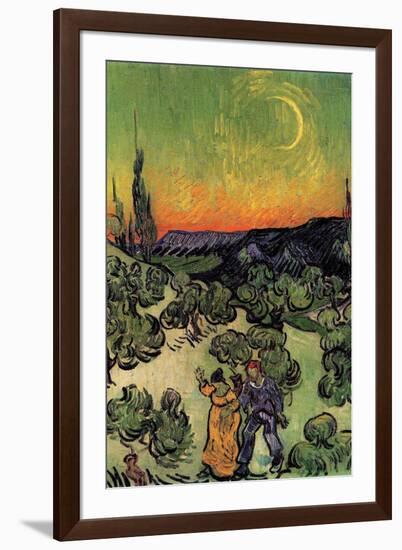 Landscape with Couple Walking and Crescent Moon-Vincent van Gogh-Framed Art Print