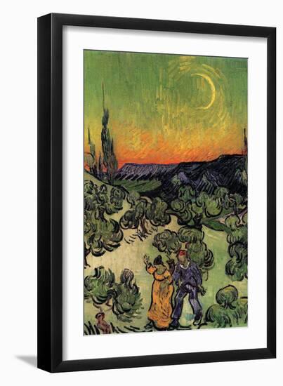 Landscape with Couple Walking and Crescent Moon-Vincent van Gogh-Framed Art Print