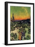 Landscape with Couple Walking and Crescent Moon-Vincent van Gogh-Framed Art Print