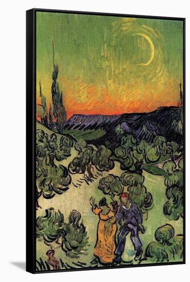 Landscape with Couple Walking and Crescent Moon-Vincent van Gogh-Framed Stretched Canvas