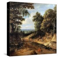 Landscape with deer hunt (The forest road)-Jacques d' Arthois-Stretched Canvas