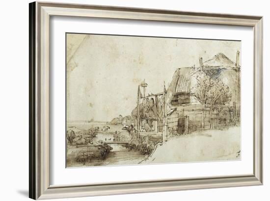 Landscape with Farm Buildings on the Right-Rembrandt van Rijn-Framed Giclee Print