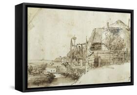Landscape with Farm Buildings on the Right-Rembrandt van Rijn-Framed Stretched Canvas