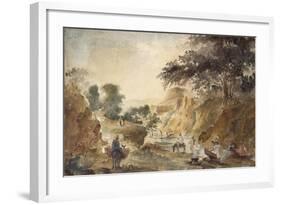 Landscape with Figures by a River, 1853 - 1854 (Watercolour over Pencil)-Camille Pissarro-Framed Giclee Print