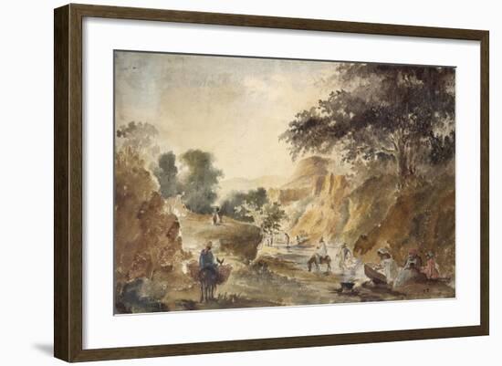 Landscape with Figures by a River, 1853 - 1854 (Watercolour over Pencil)-Camille Pissarro-Framed Giclee Print