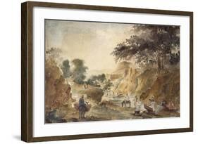 Landscape with Figures by a River, 1853 - 1854 (Watercolour over Pencil)-Camille Pissarro-Framed Giclee Print