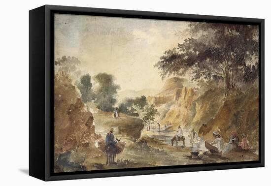 Landscape with Figures by a River, 1853 - 1854 (Watercolour over Pencil)-Camille Pissarro-Framed Stretched Canvas