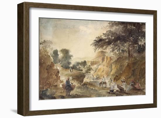 Landscape with Figures by a River, 1853 - 1854 (Watercolour over Pencil)-Camille Pissarro-Framed Giclee Print