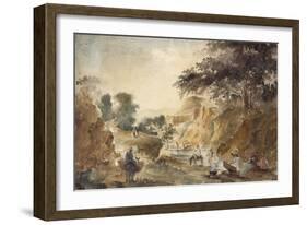 Landscape with Figures by a River, 1853 - 1854 (Watercolour over Pencil)-Camille Pissarro-Framed Giclee Print