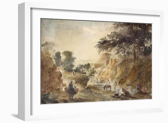 Landscape with Figures by a River, 1853 - 1854 (Watercolour over Pencil)-Camille Pissarro-Framed Giclee Print