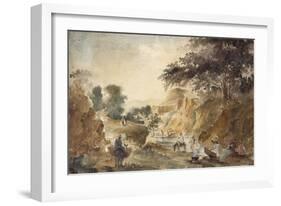 Landscape with Figures by a River, 1853 - 1854 (Watercolour over Pencil)-Camille Pissarro-Framed Giclee Print