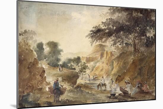 Landscape with Figures by a River, 1853 - 1854 (Watercolour over Pencil)-Camille Pissarro-Mounted Giclee Print