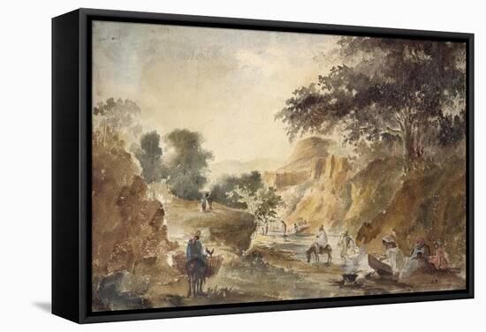 Landscape with Figures by a River, 1853 - 1854 (Watercolour over Pencil)-Camille Pissarro-Framed Stretched Canvas