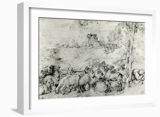 Landscape with Flock of Sheep, C1520-Titian (Tiziano Vecelli)-Framed Giclee Print