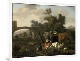 Landscape with Herdsmen and Cattle, Dirck Van Bergen-Dirck van Bergen-Framed Art Print