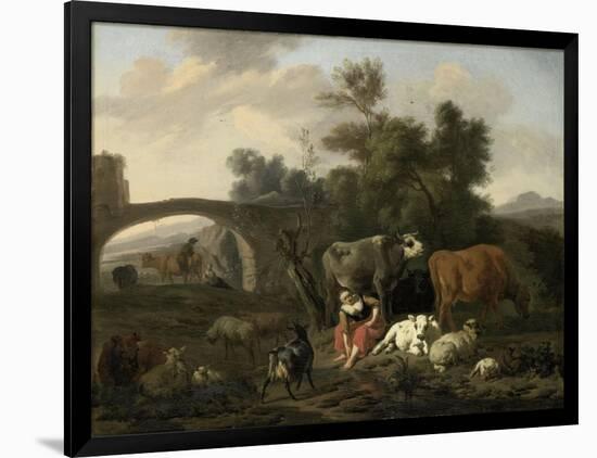 Landscape with Herdsmen and Cattle, Dirck Van Bergen-Dirck van Bergen-Framed Art Print