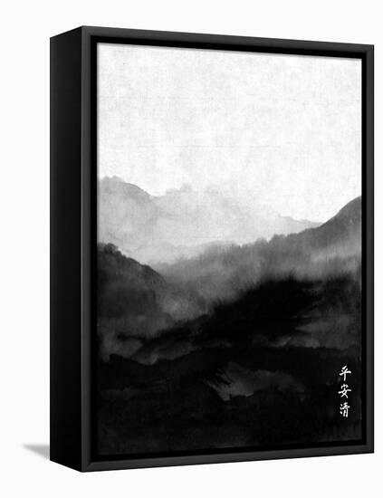 Landscape with Mountains. Traditional Japanese Ink Painting Sumi-E. Contains Hieroglyphs - Peace, T-Elina Li-Framed Stretched Canvas