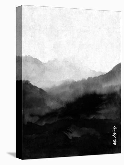 Landscape with Mountains. Traditional Japanese Ink Painting Sumi-E. Contains Hieroglyphs - Peace, T-Elina Li-Stretched Canvas