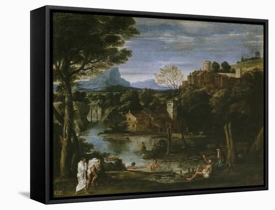 Landscape with River and Bathers-Annibale Carracci-Framed Stretched Canvas