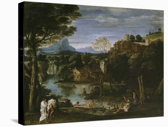 Landscape with River and Bathers-Annibale Carracci-Stretched Canvas