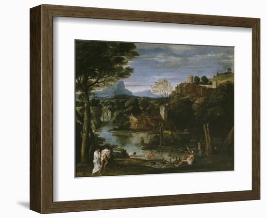 Landscape with River and Bathers-Annibale Carracci-Framed Giclee Print