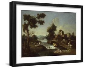 Landscape with Road, Cottages and Man Riding-Giuseppe Zais-Framed Art Print