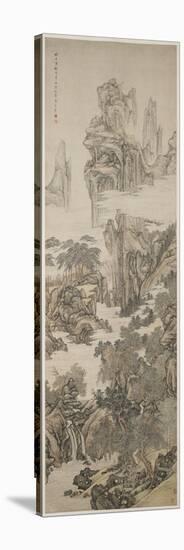 Landscape with Scholar Viewing a Waterfall, 1722 (Ink & Colour on Paper)-Ts'ai Chia (1686-c 1756)-Stretched Canvas