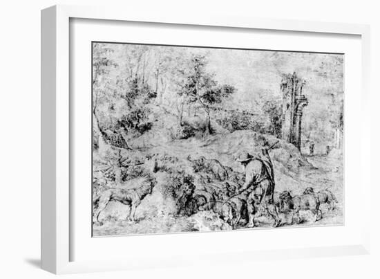 Landscape with Shepherd and Flock, C1520-Titian (Tiziano Vecelli)-Framed Giclee Print