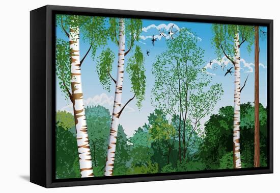 Landscape with Trunks of Birches and Pine Tree in the Foreground and Silhouettes of Different Trees-Milovelen-Framed Stretched Canvas