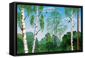 Landscape with Trunks of Birches and Pine Tree in the Foreground and Silhouettes of Different Trees-Milovelen-Framed Stretched Canvas