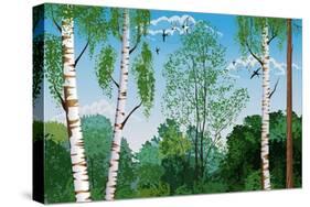Landscape with Trunks of Birches and Pine Tree in the Foreground and Silhouettes of Different Trees-Milovelen-Stretched Canvas