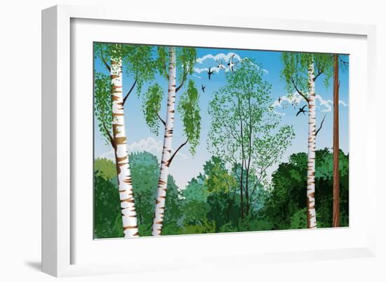 Landscape with Trunks of Birches and Pine Tree in the Foreground and Silhouettes of Different Trees-Milovelen-Framed Art Print