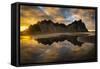 Landscape with Vestrahorn mountains and beach at sunset, Stokksnes, Iceland-Panoramic Images-Framed Stretched Canvas