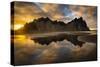 Landscape with Vestrahorn mountains and beach at sunset, Stokksnes, Iceland-Panoramic Images-Stretched Canvas