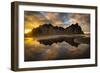 Landscape with Vestrahorn mountains and beach at sunset, Stokksnes, Iceland-Panoramic Images-Framed Photographic Print