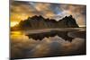 Landscape with Vestrahorn mountains and beach at sunset, Stokksnes, Iceland-Panoramic Images-Mounted Photographic Print