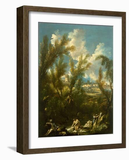 Landscape with Washerwoman, C.1715 (Oil on Canvas)-Alessandro Magnasco-Framed Giclee Print