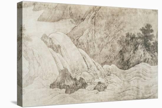 Landscape with Waterfall, Ink on Silk-Kano Motonobu-Stretched Canvas
