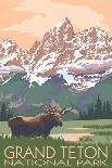 Grand Teton National Park - Moose and Mountains-Lantern Press-Art Print