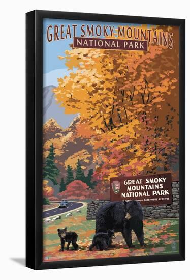 Lantern Press - Great Smoky Mountains National Park, Park Entrance and Bear Family-Trends International-Framed Poster