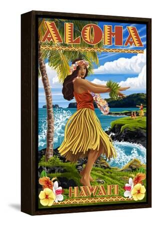 Hawaii - Aloha - Hula Girl on Coast (Flower Border)' Art - Lantern