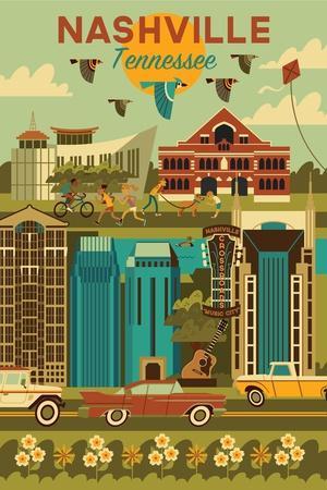 アメリカ風景画 トレー Nashville, Tennessee - Geometric City Series - Lantern Press