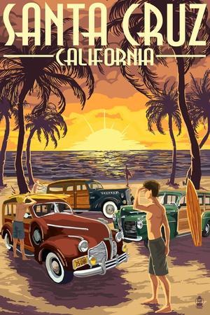 Santa Cruz, California - Vintage Woodies on the Beach' Poster