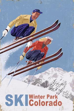 70年代 ビンテージ SKIPOLES＆SKI スキー デザイン ポスター Winter Park, Colorado - Vintage Skiers' Print - Lantern