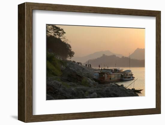 Laos, Luang Prabang. Boats Waiting on the Banks of the Mekong River-Kevin Oke-Framed Photographic Print