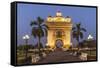 Laos, Vientiane. Patuxai, Victory Monument exterior at dusk.-Walter Bibikow-Framed Stretched Canvas