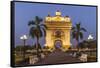 Laos, Vientiane. Patuxai, Victory Monument exterior at dusk.-Walter Bibikow-Framed Stretched Canvas