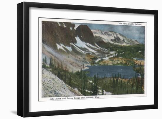 Laramie, WY - Lake Marie and Snowy Range on Union Pacific Rail-Lantern Press-Framed Art Print